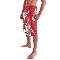 Red and white graphic shorts with large front mascot artwork and elastic waistband