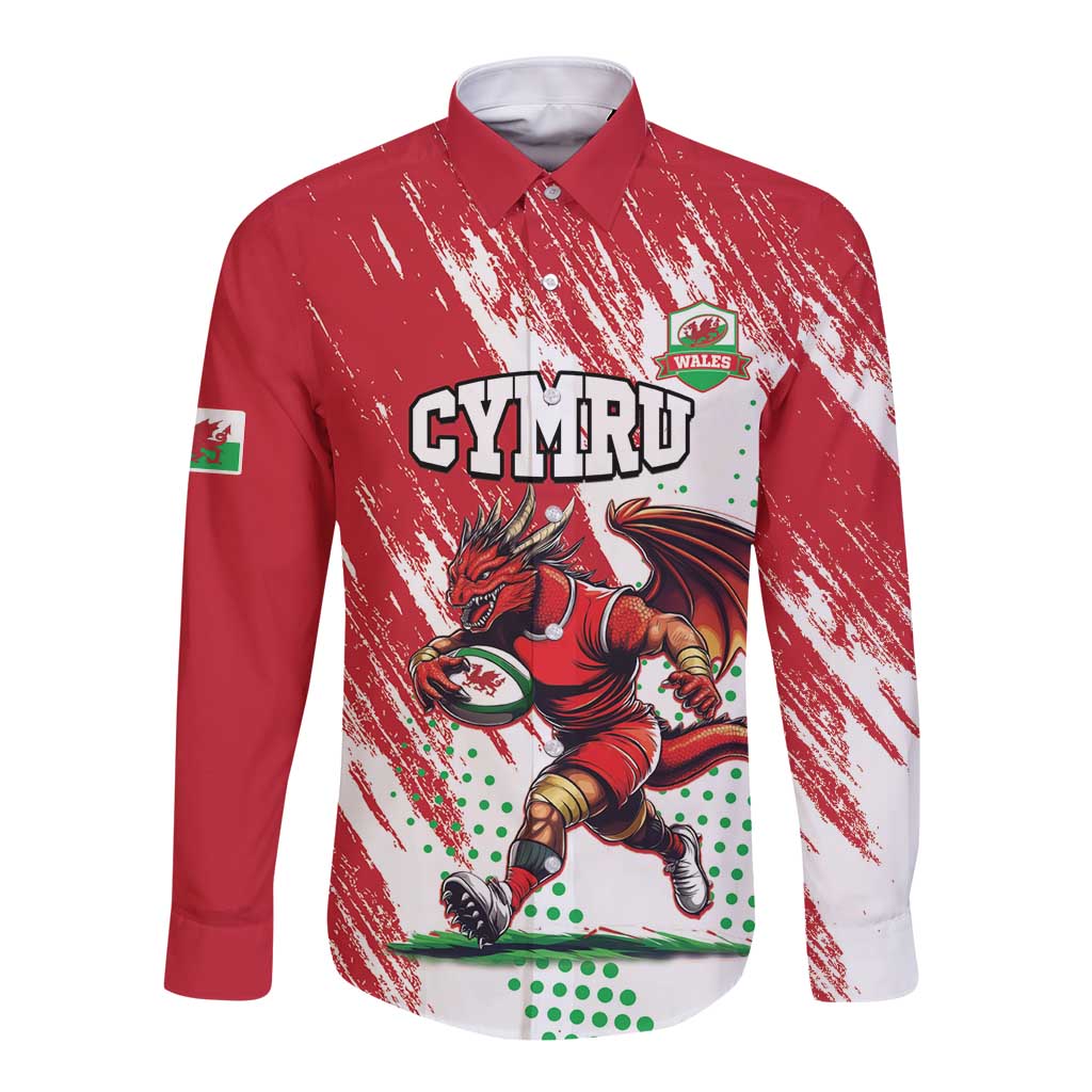 Red and white long-sleeve button rugby shirt with dragon mascot crest and sleeve badge