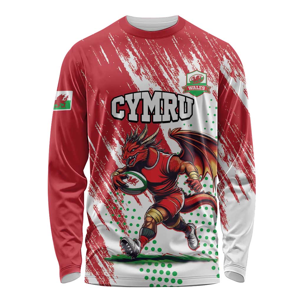 Wales Rugby Custom Long Sleeve Shirt Welsh Dragon Mascot - Wonder Print Shop