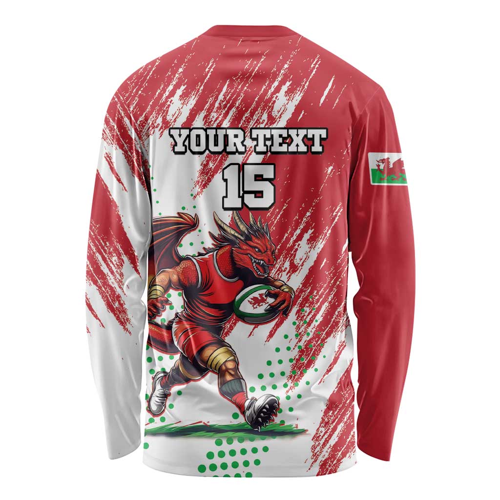 Red and white long-sleeve rugby shirt, back print with YOUR TEXT 15 and dragon