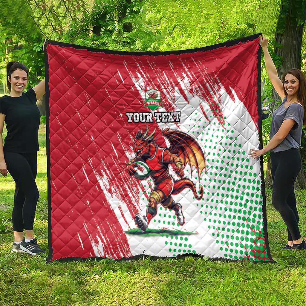 Red and white quilt with green polka dots, Wales dragon mascot and “Your text”