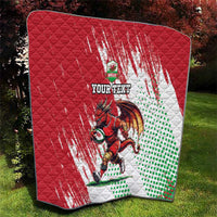 Red and white Wales dragon mascot quilt with green polka-dot pattern and “Your text”