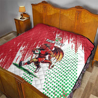 Red and white quilt featuring Wales dragon mascot with green polka dots and “Your text”
