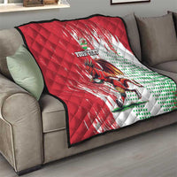 Red sofa throw quilt with Wales dragon mascot, green polka dots, and “Your text”