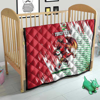 Red crib blanket quilt with Wales dragon mascot, green polka dots, and “Your text”