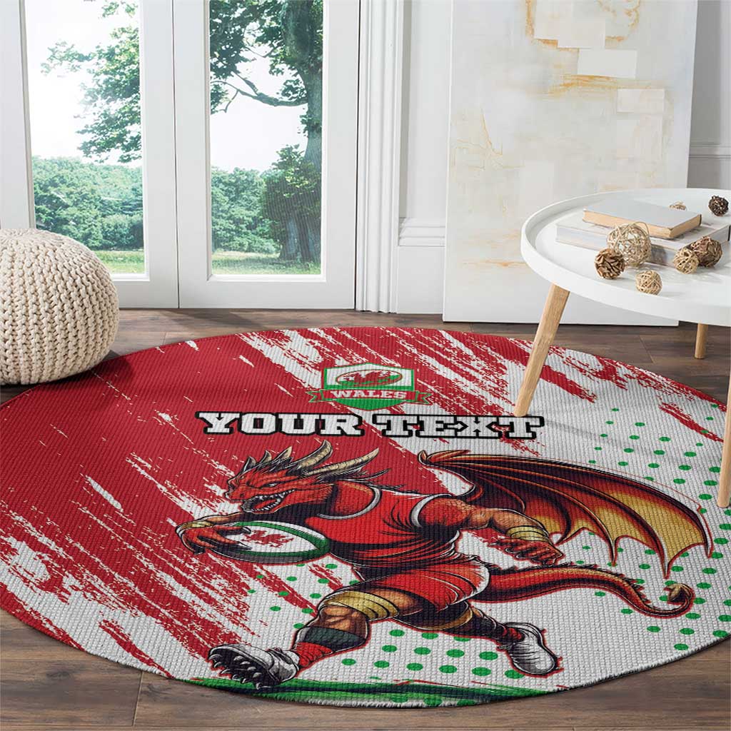 Red round rug with Welsh dragon mascot, green dot accents, and “YOUR TEXT”