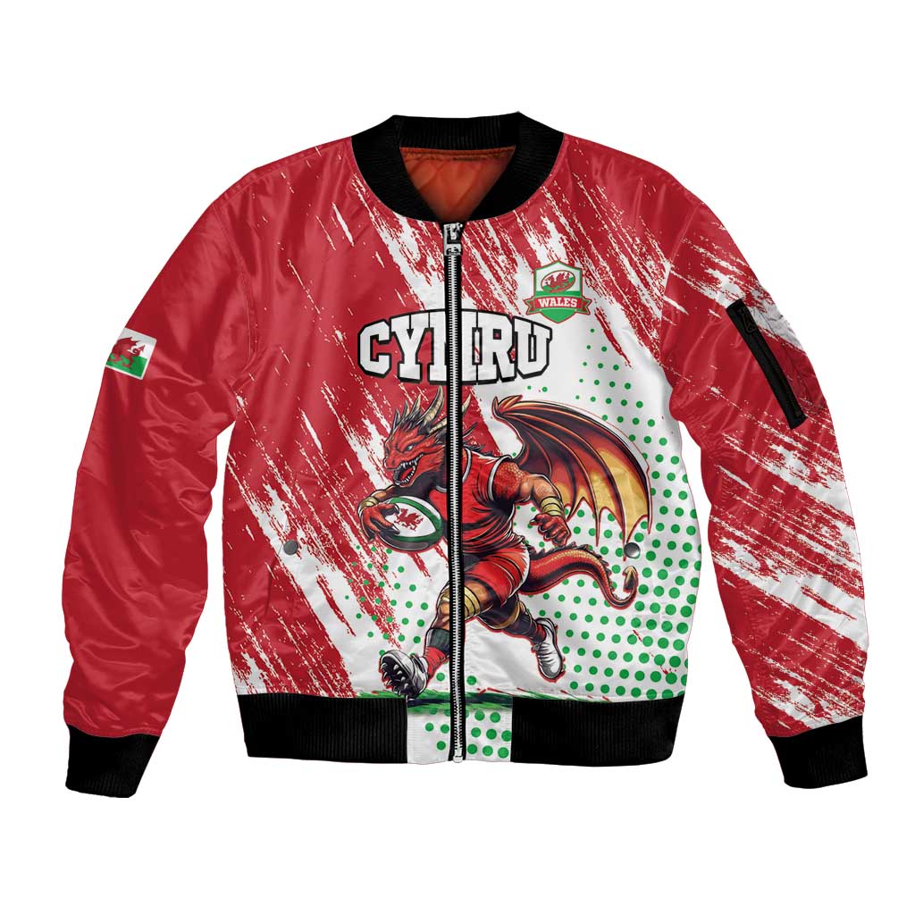 Wales Rugby Custom Sleeve Zip Bomber Jacket Welsh Dragon Mascot