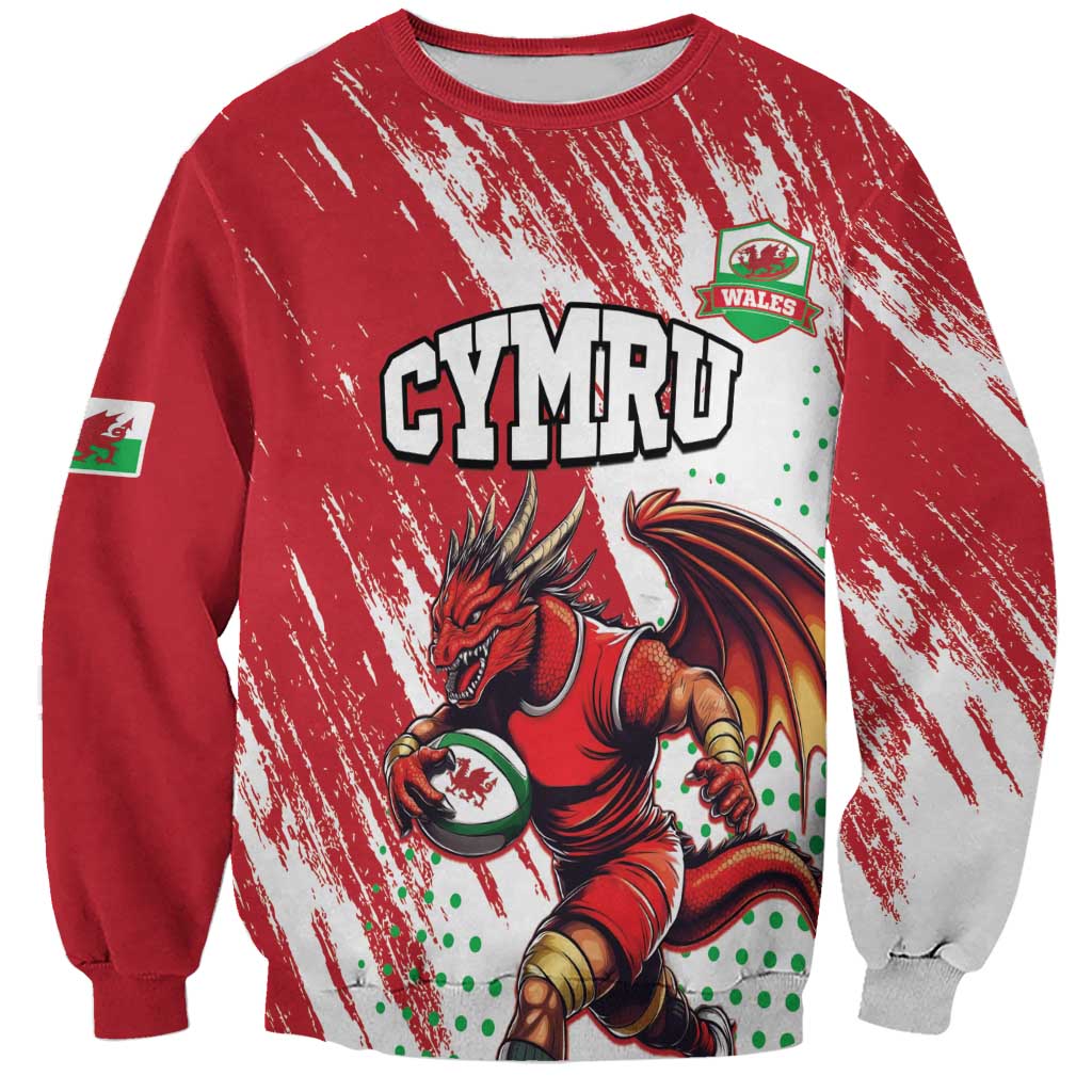 Red custom sweatshirt with distressed white print, Cymru dragon mascot front