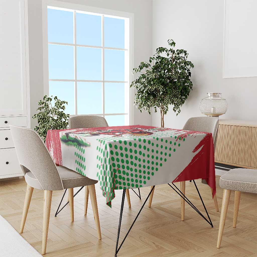 Red and white custom tablecloth with Welsh dragon graphic and green dot pattern.