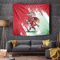 Red Welsh dragon mascot wall tapestry with 'YOUR TEXT' and green dotted pattern
