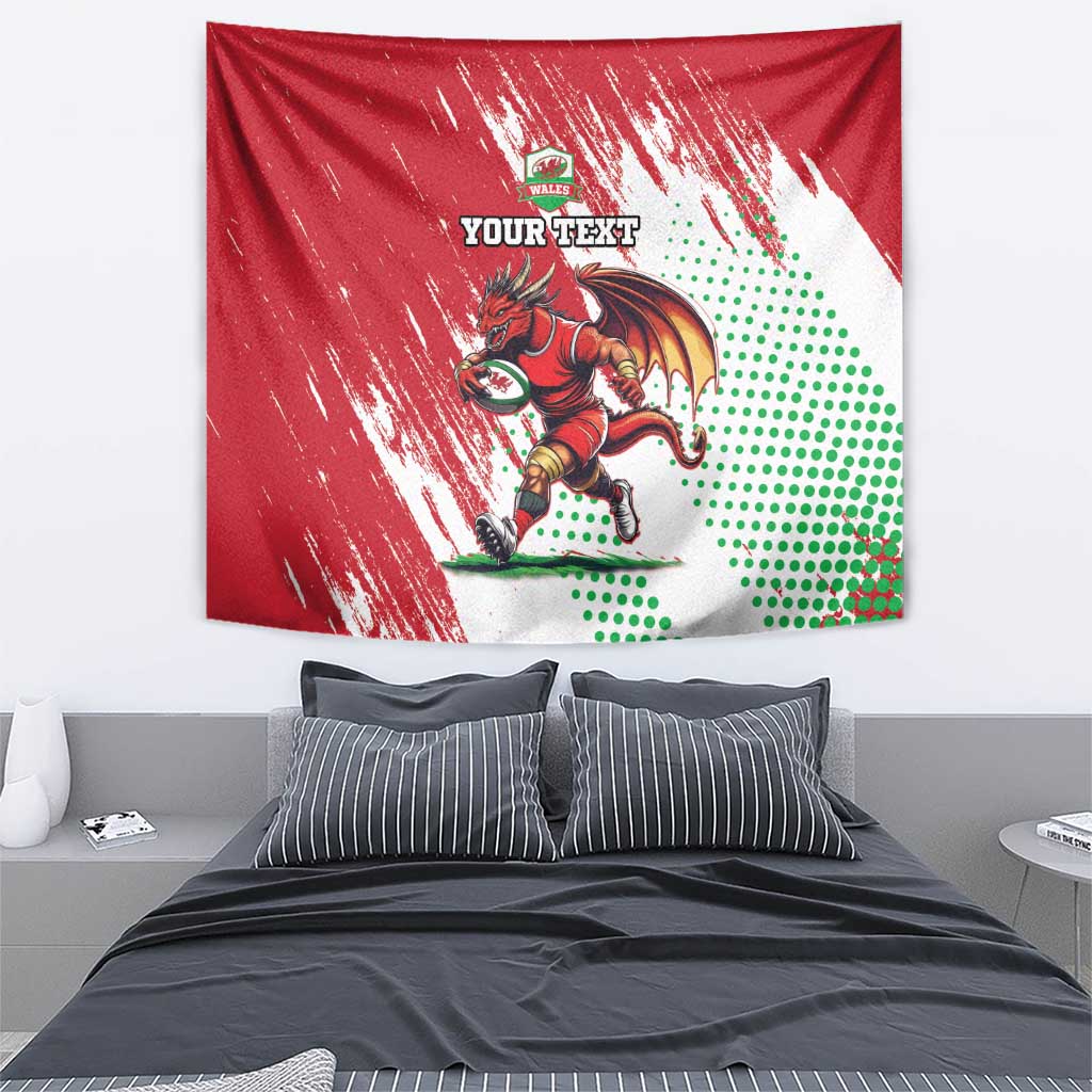Red dragon runner wall tapestry with 'YOUR TEXT' logo and green dotted spray design
