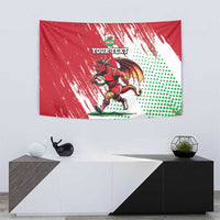 Red Welsh dragon mascot tapestry with 'YOUR TEXT' text, green dots, and white streaks