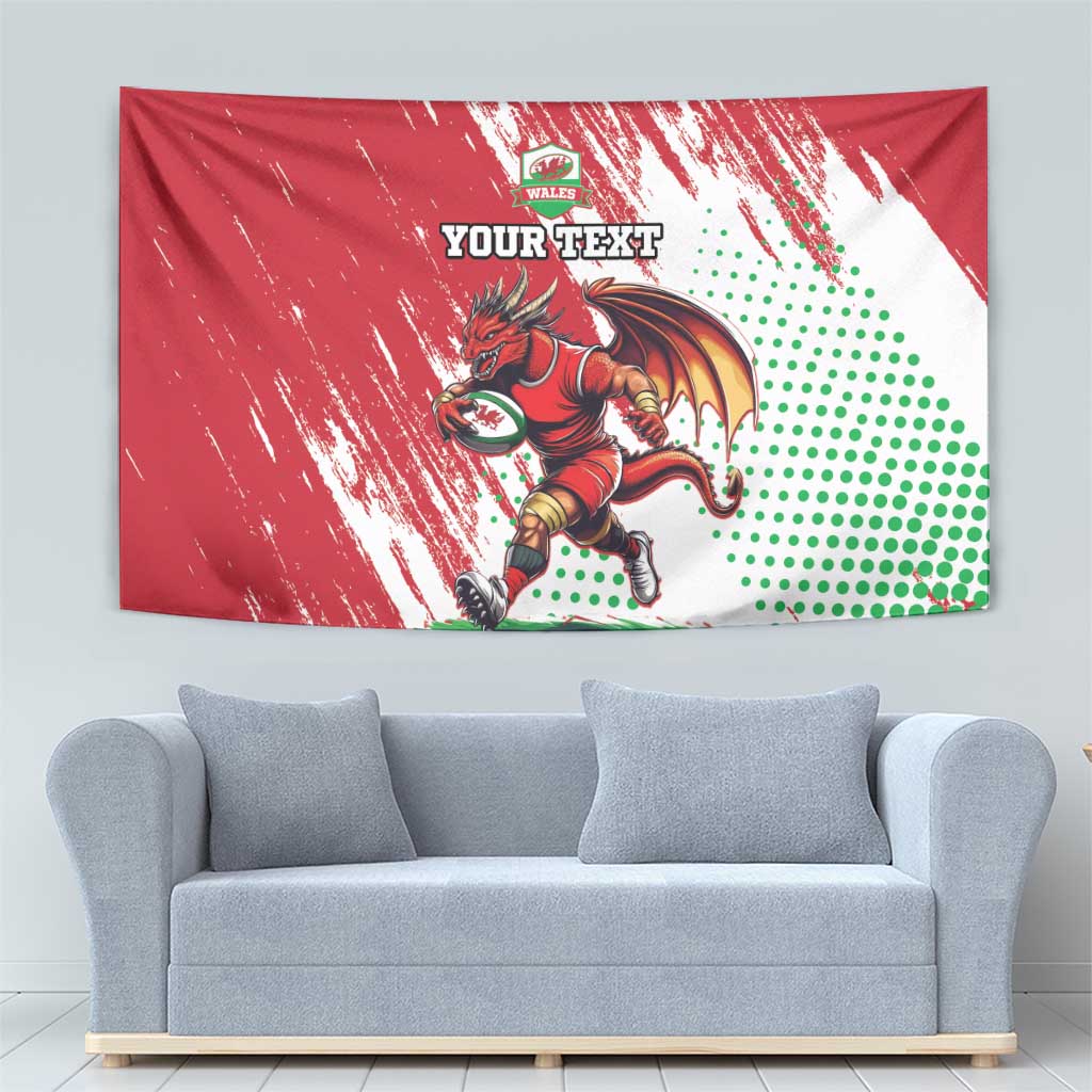 Red dragon mascot wall tapestry with 'YOUR TEXT' wording and green dotted burst design