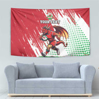 Red dragon mascot wall tapestry with 'YOUR TEXT' wording and green dotted burst design