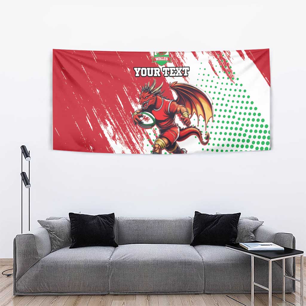 Red dragon runner tapestry featuring 'YOUR TEXT' and green dotted pattern on white edge