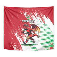 Red Welsh dragon mascot tapestry with 'YOUR TEXT' and green dotted spray artwork