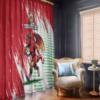 Left red and right white window curtain panels with Welsh dragon mascot and text
