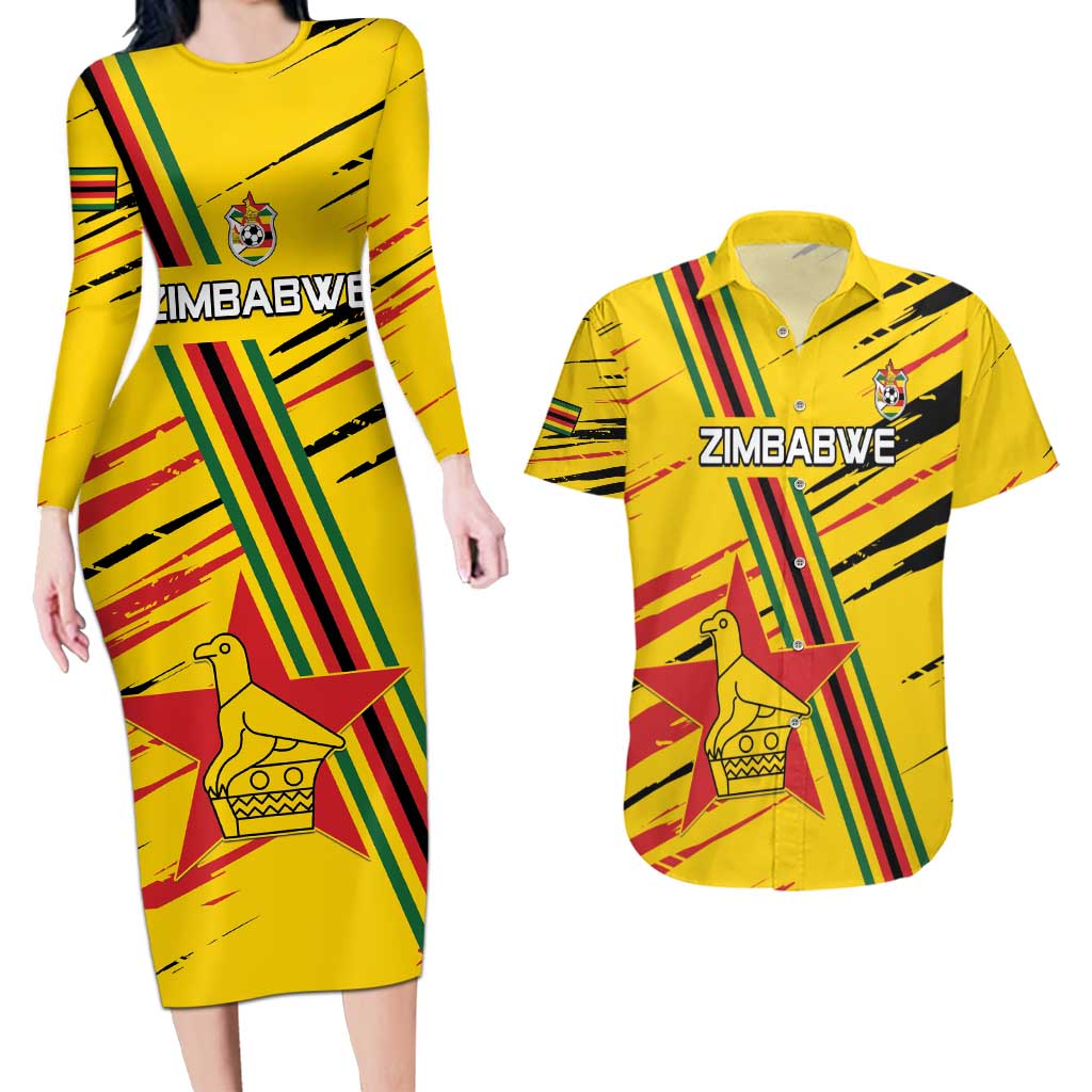 Custom Zimbabwe Football Couples Matching Long Sleeve Bodycon Dress and Hawaiian Shirt Go Warriors