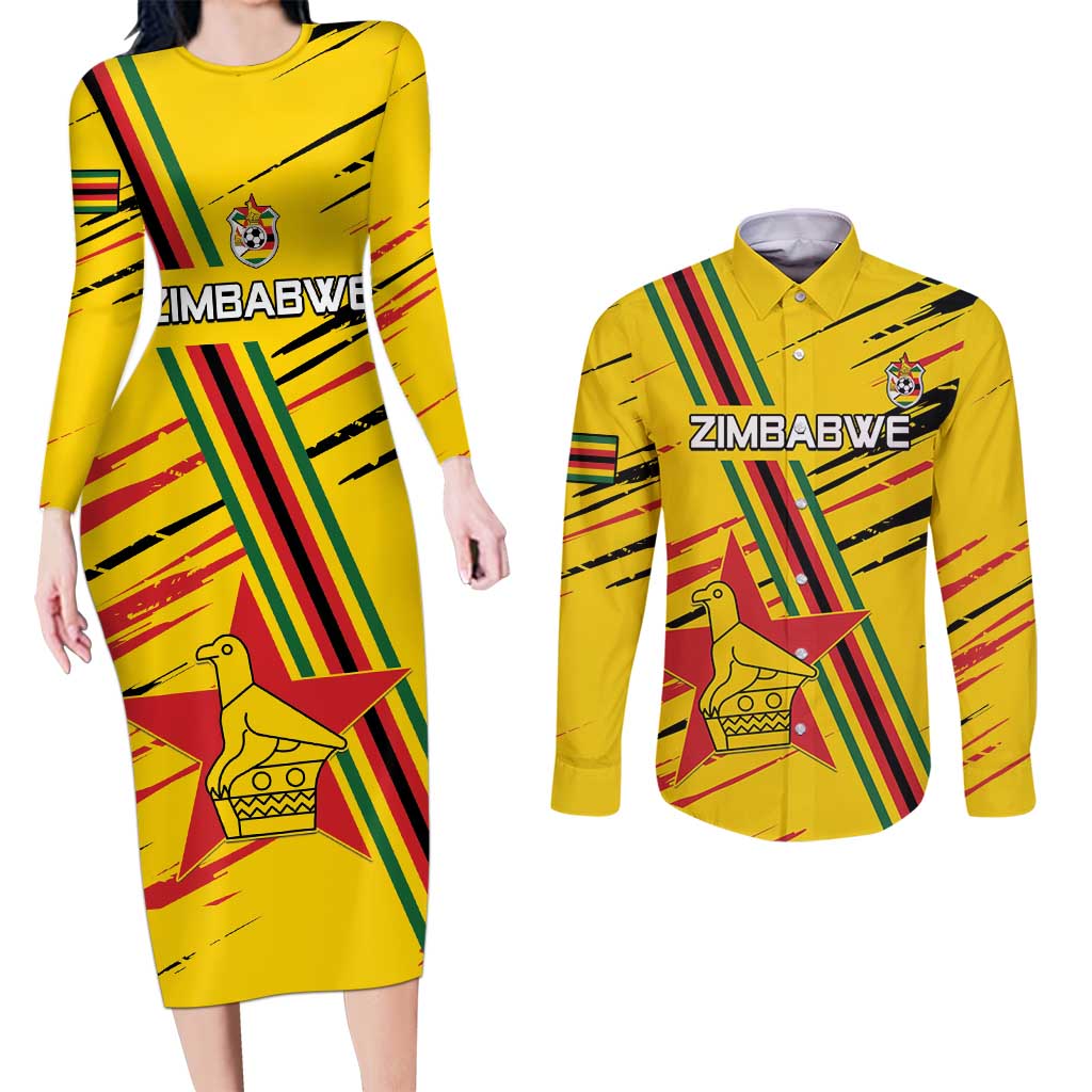 Custom Zimbabwe Football Couples Matching Long Sleeve Bodycon Dress and Long Sleeve Button Shirt Go Warriors