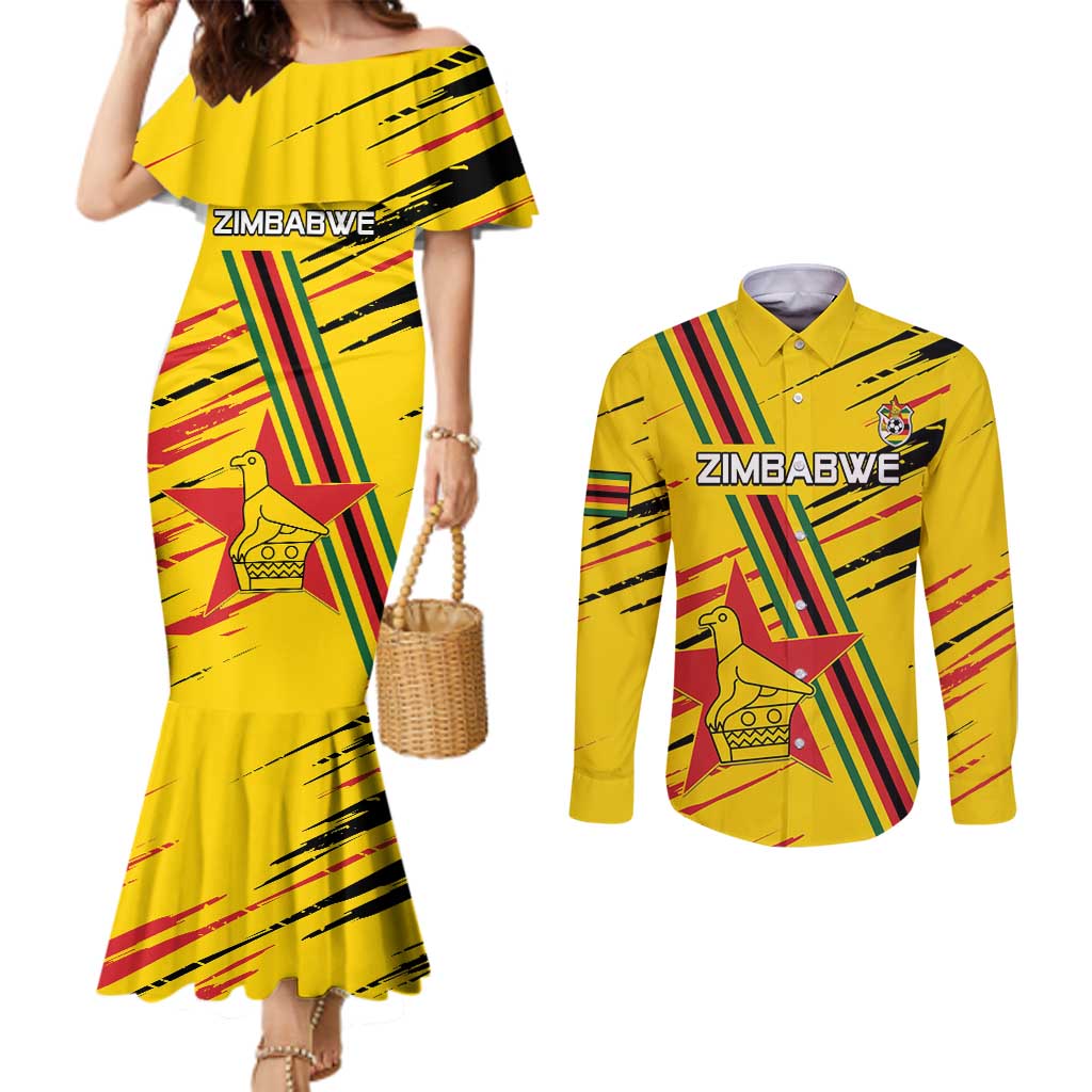 Custom Zimbabwe Football Couples Matching Mermaid Dress and Long Sleeve Button Shirt Go Warriors