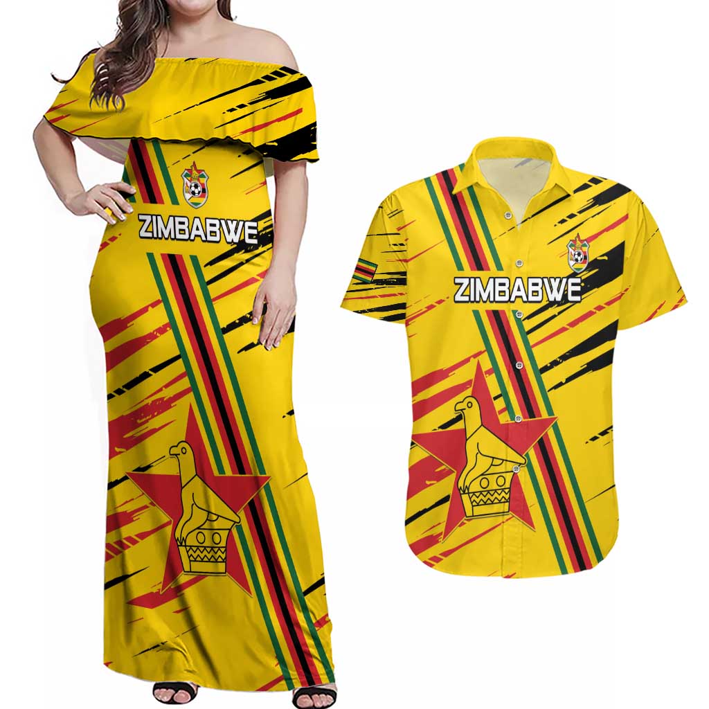 Custom Zimbabwe Football Couples Matching Off Shoulder Maxi Dress and Hawaiian Shirt Go Warriors