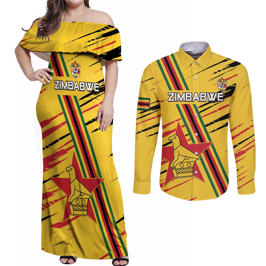 Custom Zimbabwe Football Couples Matching Off Shoulder Maxi Dress and Long Sleeve Button Shirt Go Warriors