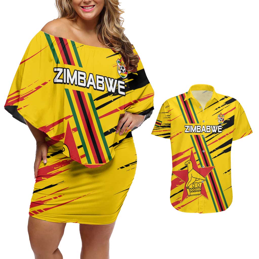 Custom Zimbabwe Football Couples Matching Off Shoulder Short Dress and Hawaiian Shirt Go Warriors