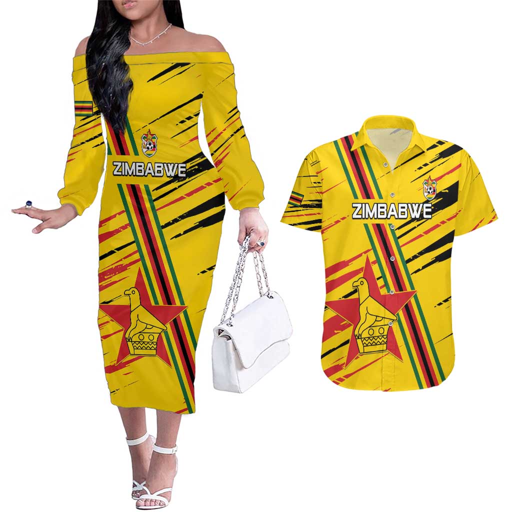 Custom Zimbabwe Football Couples Matching Off The Shoulder Long Sleeve Dress and Hawaiian Shirt Go Warriors