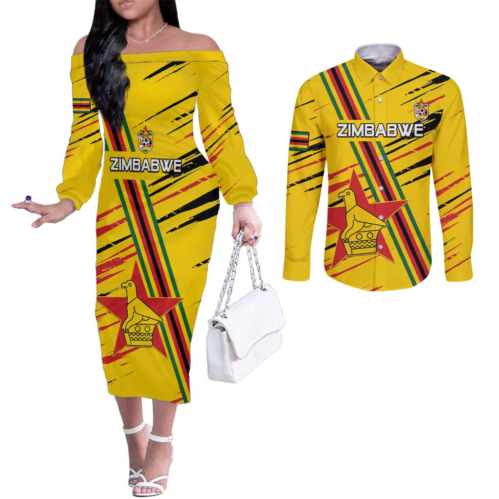 Custom Zimbabwe Football Couples Matching Off The Shoulder Long Sleeve Dress and Long Sleeve Button Shirt Go Warriors