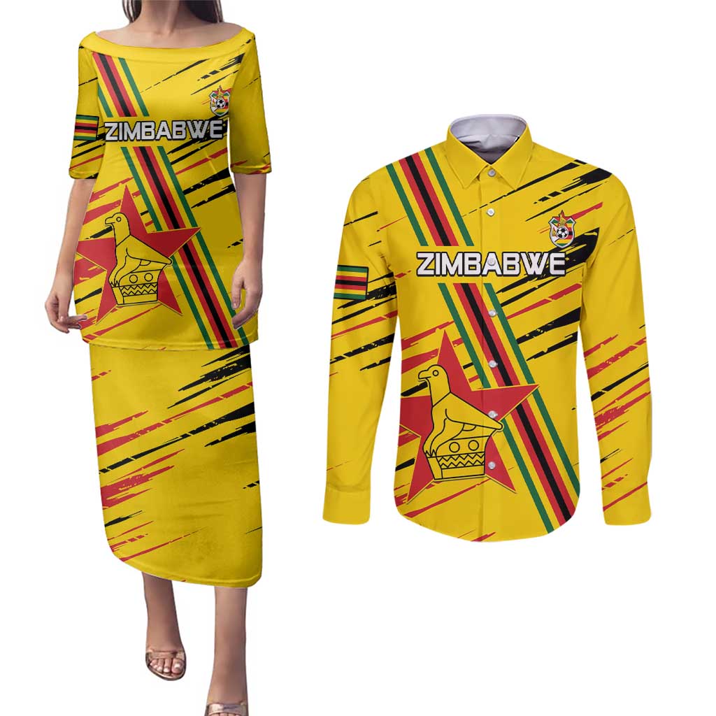 Custom Zimbabwe Football Couples Matching Puletasi and Long Sleeve Button Shirt Go Warriors