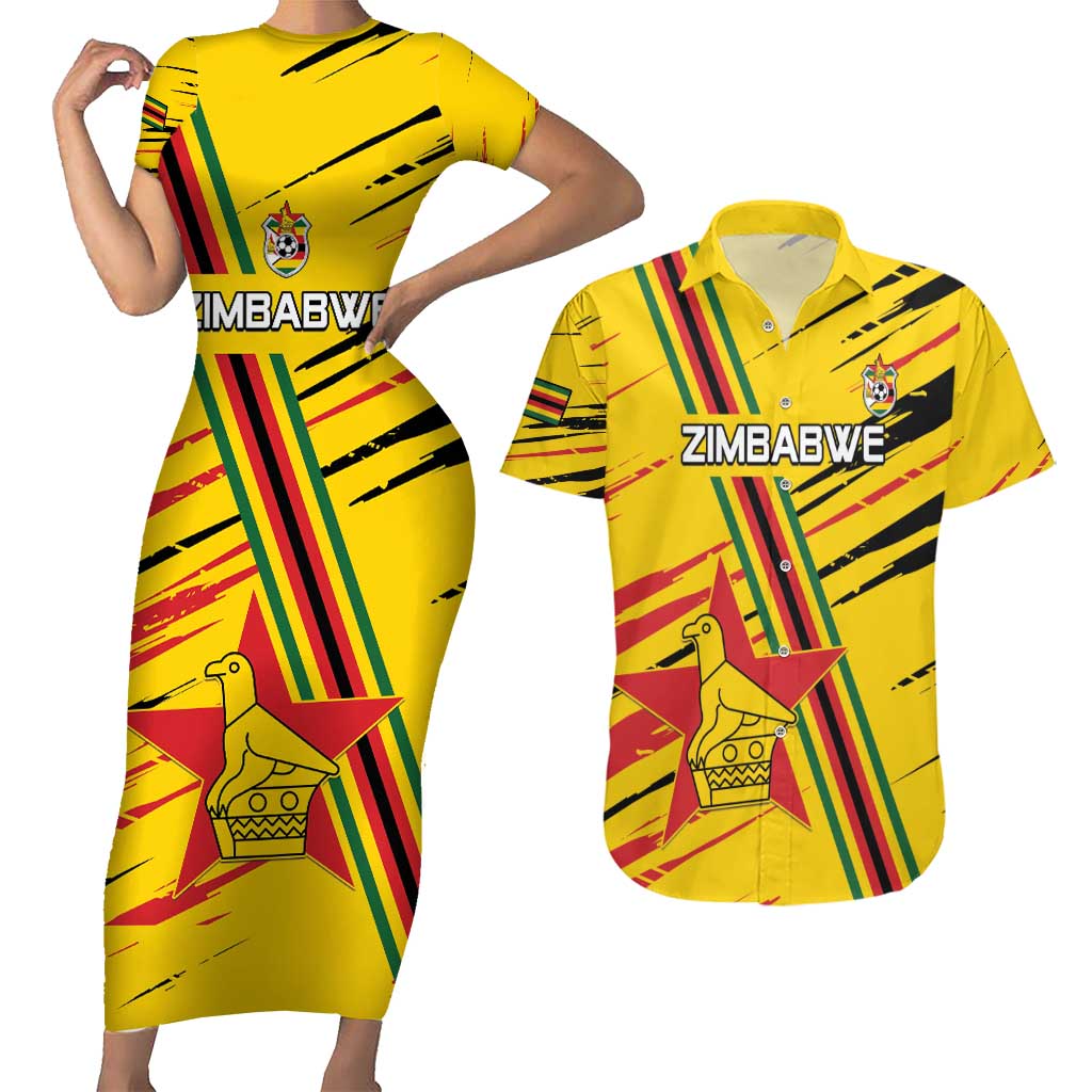 Custom Zimbabwe Football Couples Matching Short Sleeve Bodycon Dress and Hawaiian Shirt Go Warriors