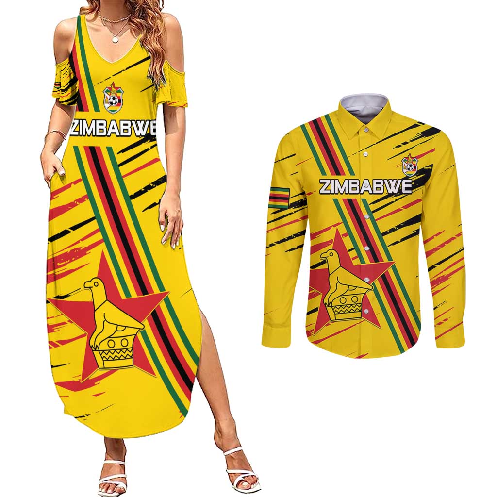 Custom Zimbabwe Football Couples Matching Summer Maxi Dress and Long Sleeve Button Shirt Go Warriors