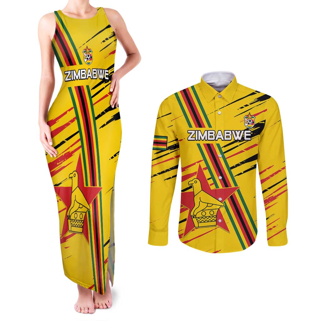 Custom Zimbabwe Football Couples Matching Tank Maxi Dress and Long Sleeve Button Shirt Go Warriors