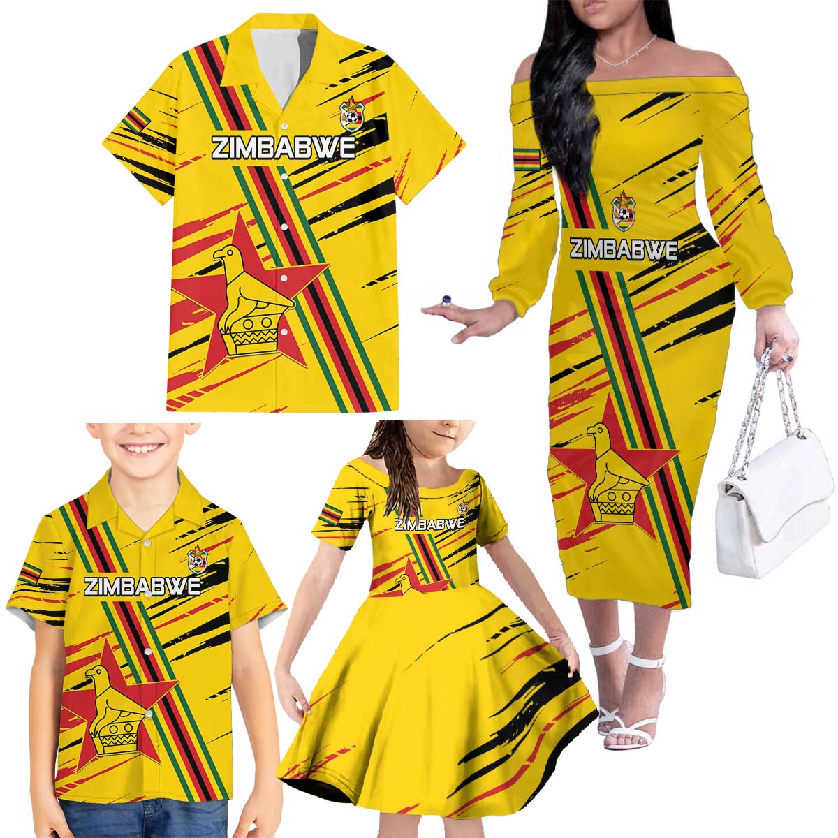 Custom Zimbabwe Football Family Matching Off The Shoulder Long Sleeve Dress and Hawaiian Shirt Go Warriors