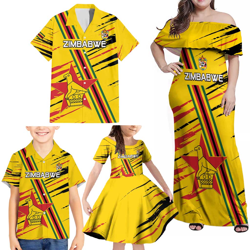 Custom Zimbabwe Football Family Matching Off Shoulder Maxi Dress and Hawaiian Shirt Go Warriors