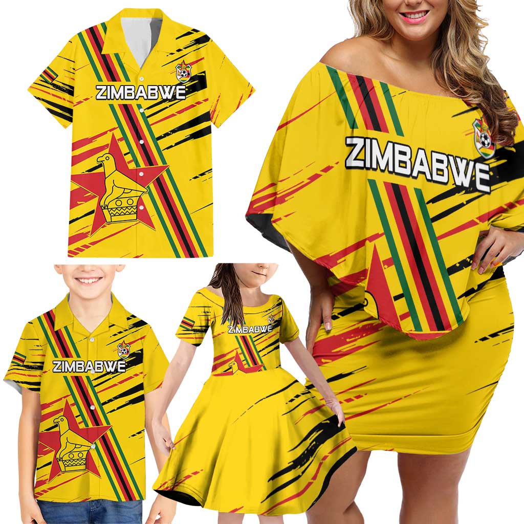 Custom Zimbabwe Football Family Matching Off Shoulder Short Dress and Hawaiian Shirt Go Warriors