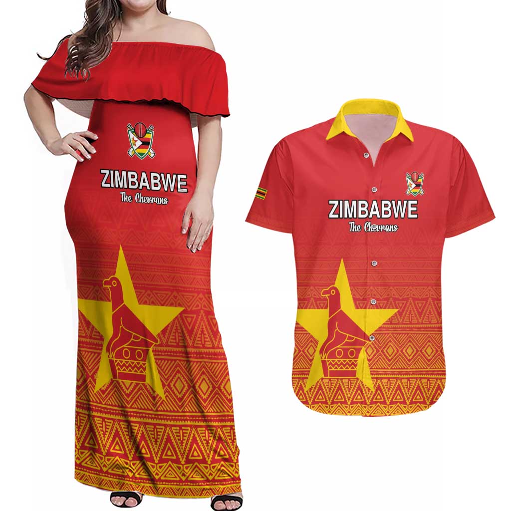 Custom Zimbabwe Cricket Couples Matching Off Shoulder Maxi Dress and Hawaiian Shirt Go Chevrons