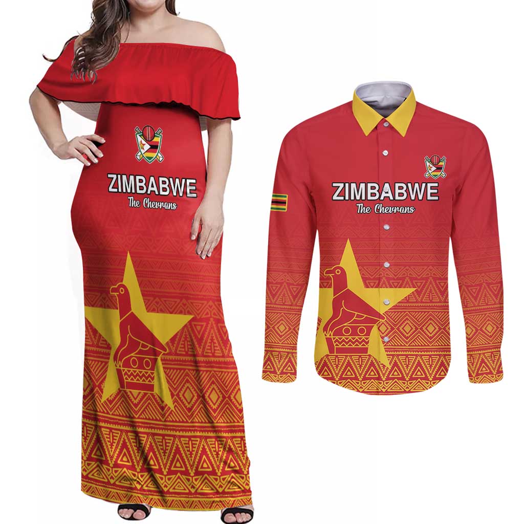 Custom Zimbabwe Cricket Couples Matching Off Shoulder Maxi Dress and Long Sleeve Button Shirt Go Chevrons