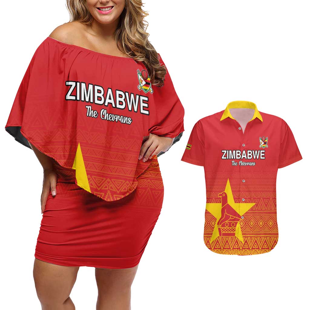 Custom Zimbabwe Cricket Couples Matching Off Shoulder Short Dress and Hawaiian Shirt Go Chevrons