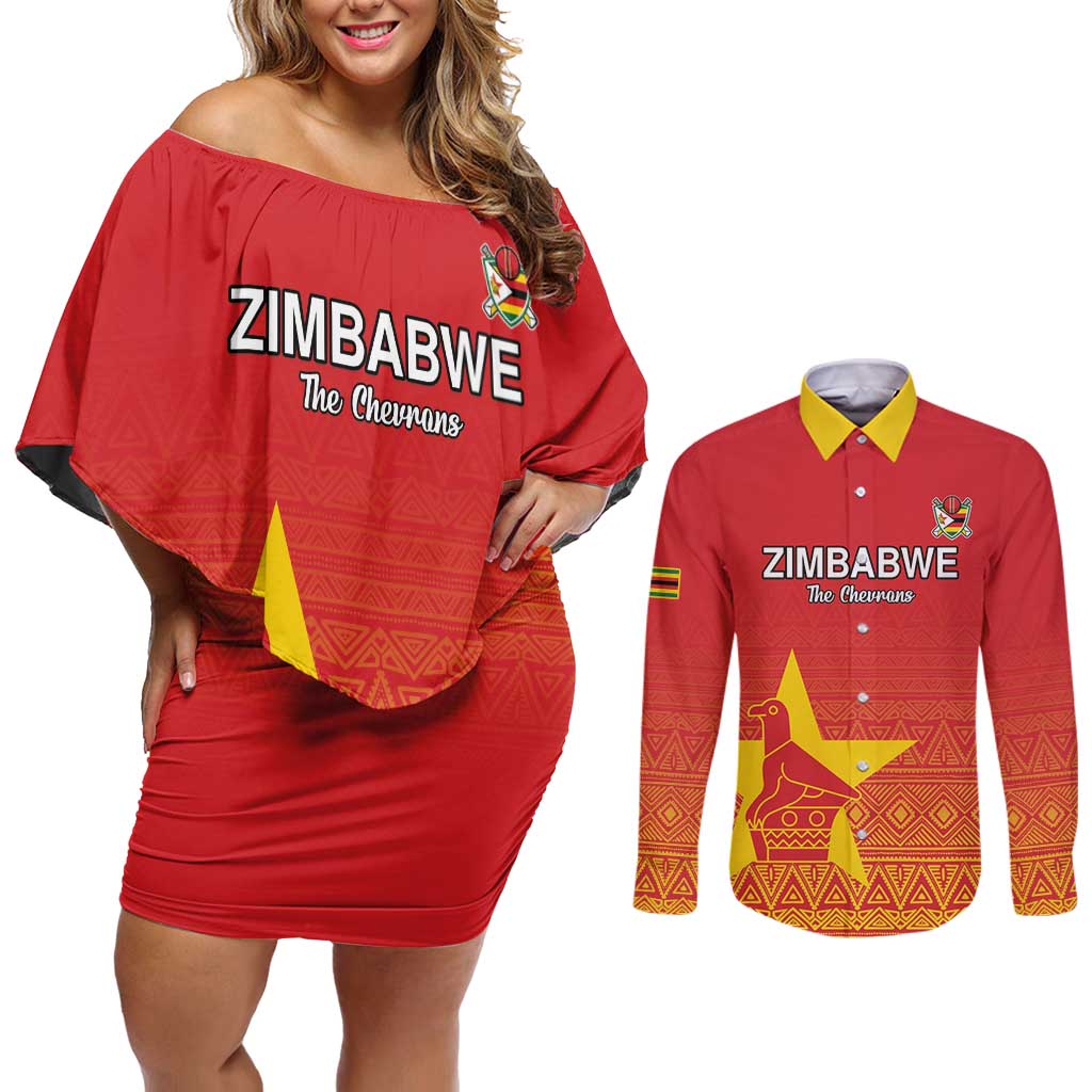 Custom Zimbabwe Cricket Couples Matching Off Shoulder Short Dress and Long Sleeve Button Shirt Go Chevrons