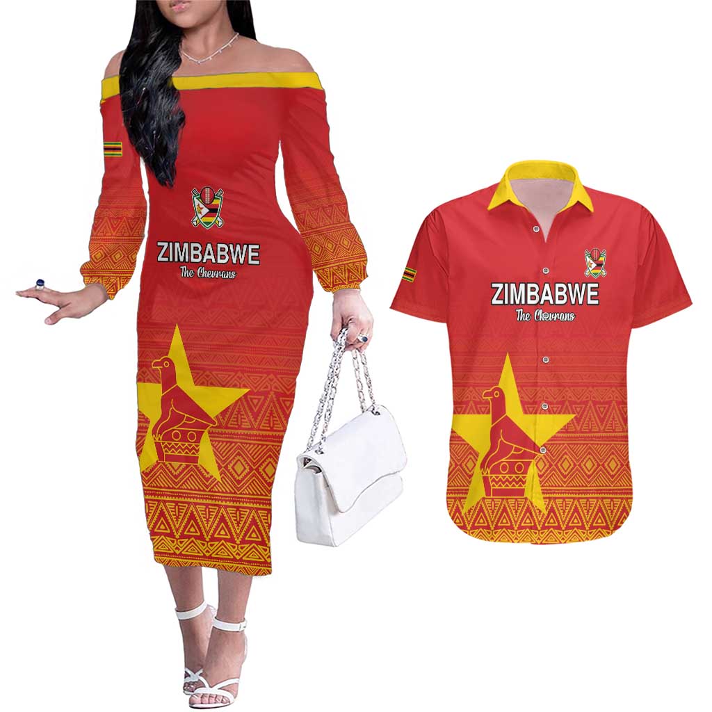 Custom Zimbabwe Cricket Couples Matching Off The Shoulder Long Sleeve Dress and Hawaiian Shirt Go Chevrons