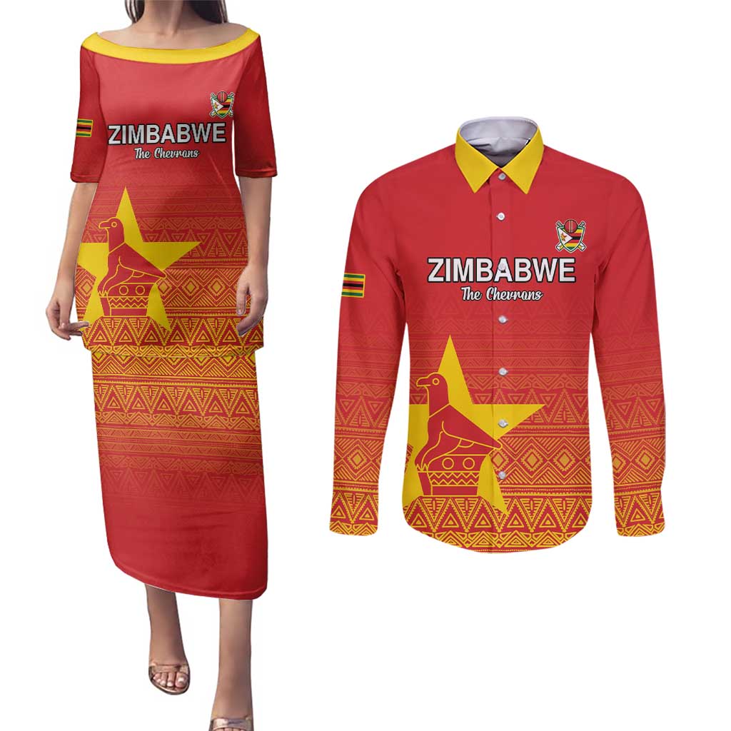 Custom Zimbabwe Cricket Couples Matching Puletasi and Long Sleeve Button Shirt Go Chevrons