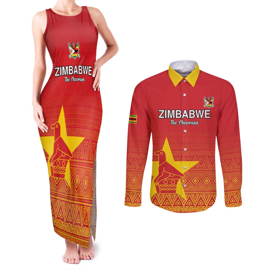 Custom Zimbabwe Cricket Couples Matching Tank Maxi Dress and Long Sleeve Button Shirt Go Chevrons