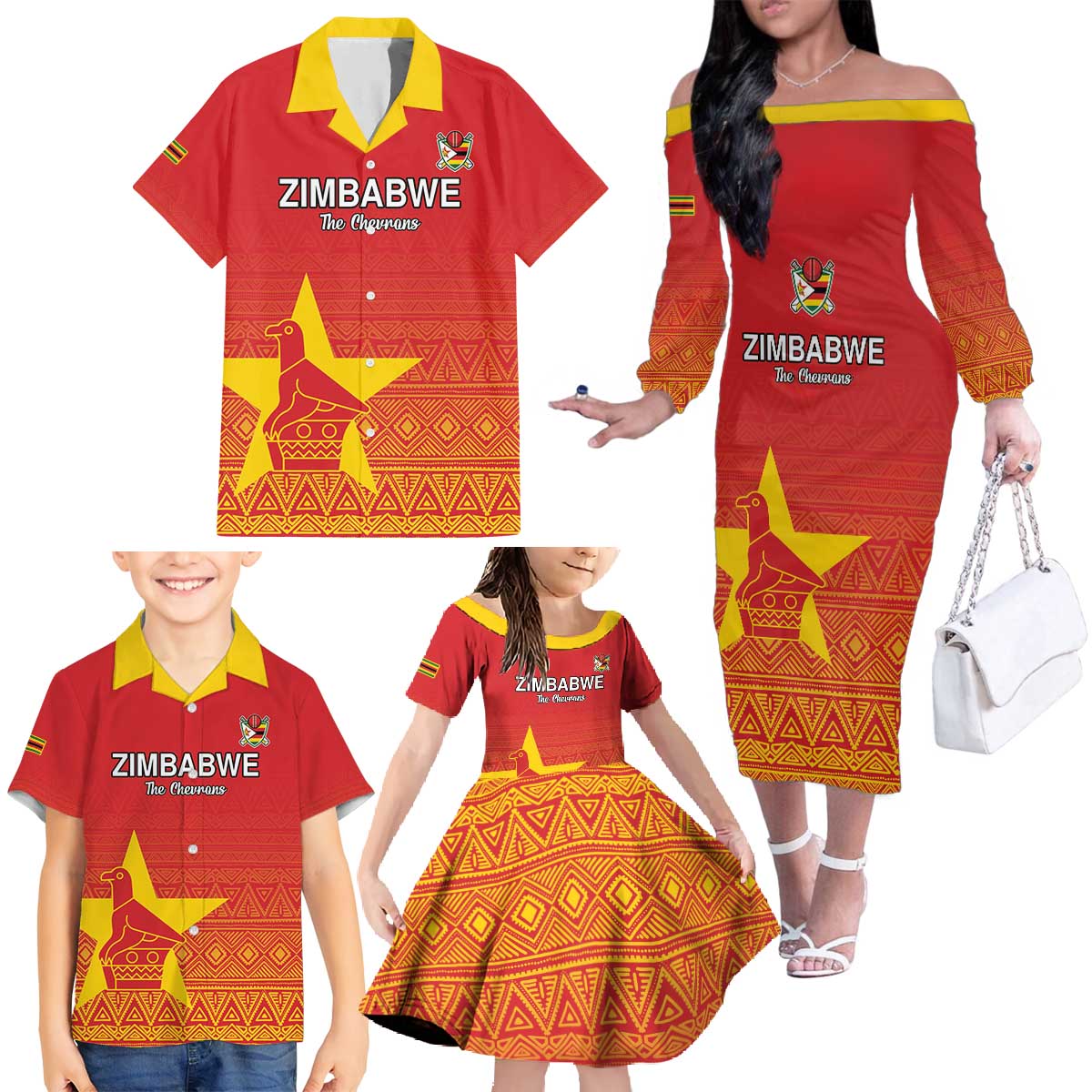 Custom Zimbabwe Cricket Family Matching Off The Shoulder Long Sleeve Dress and Hawaiian Shirt Go Chevrons