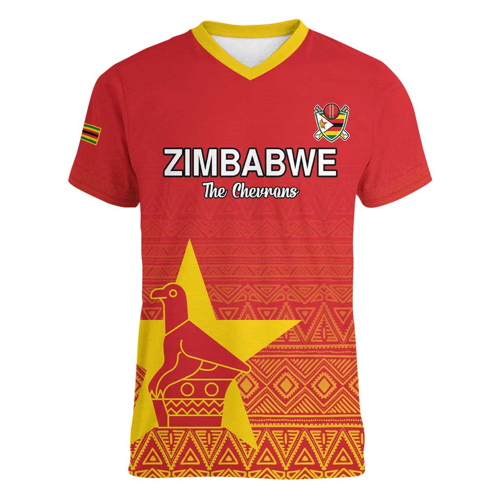 Custom Zimbabwe Cricket Women V-Neck T-Shirt Go Chevrons