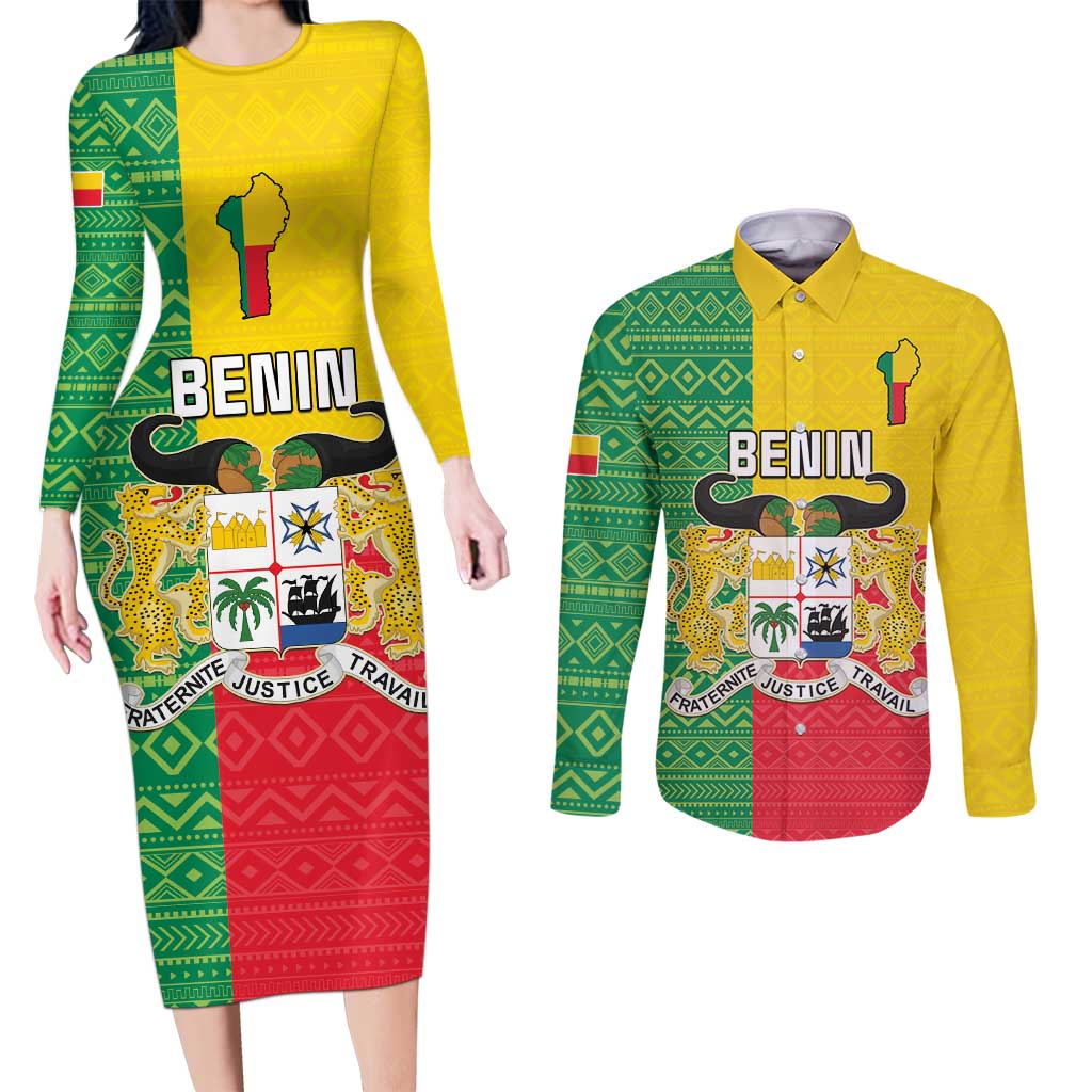 Personalised Benin Couples Matching Long Sleeve Bodycon Dress and Long Sleeve Button Shirt Coat Of Arms Flag Style