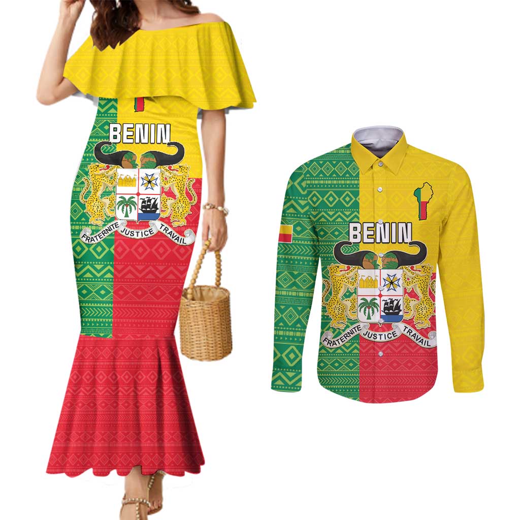 Personalised Benin Couples Matching Mermaid Dress and Long Sleeve Button Shirt Coat Of Arms Flag Style