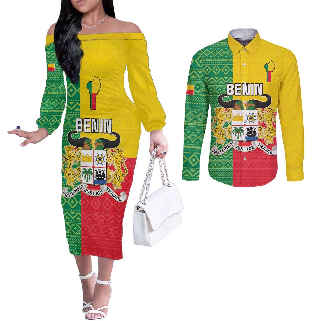 Personalised Benin Couples Matching Off The Shoulder Long Sleeve Dress and Long Sleeve Button Shirt Coat Of Arms Flag Style