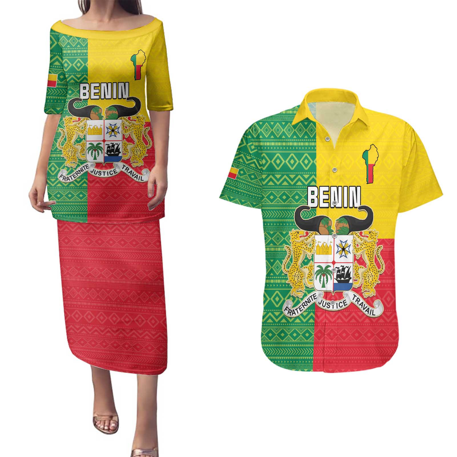 Personalised Benin Couples Matching Puletasi and Hawaiian Shirt Coat Of Arms Flag Style