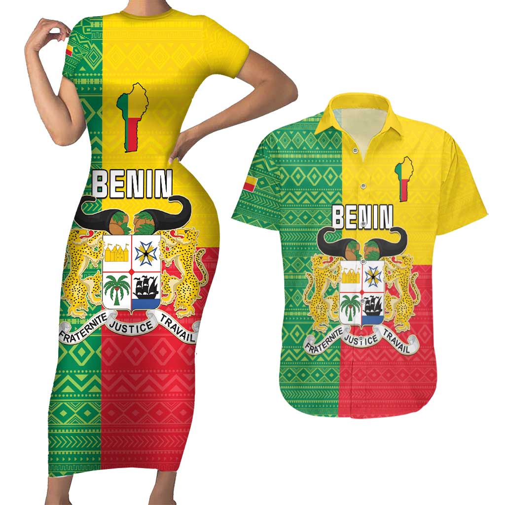 Personalised Benin Couples Matching Short Sleeve Bodycon Dress and Hawaiian Shirt Coat Of Arms Flag Style